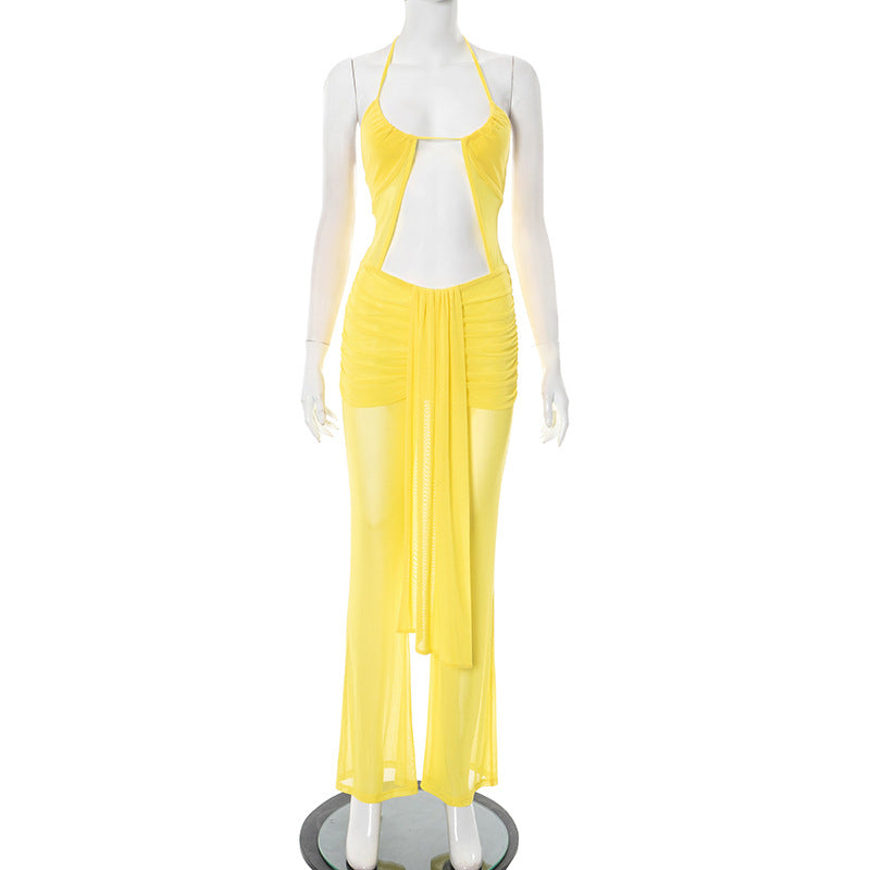 Women Clothing Spring Summer Halter Cropped Outfit Mesh Drawstring Sheer Cutout Ribbon Jumpsuit Bella Mia