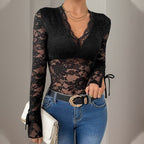 Fall Women Clothing Lace Stitching Long Sleeve V Neck Jumpsuit Women Bella Mia