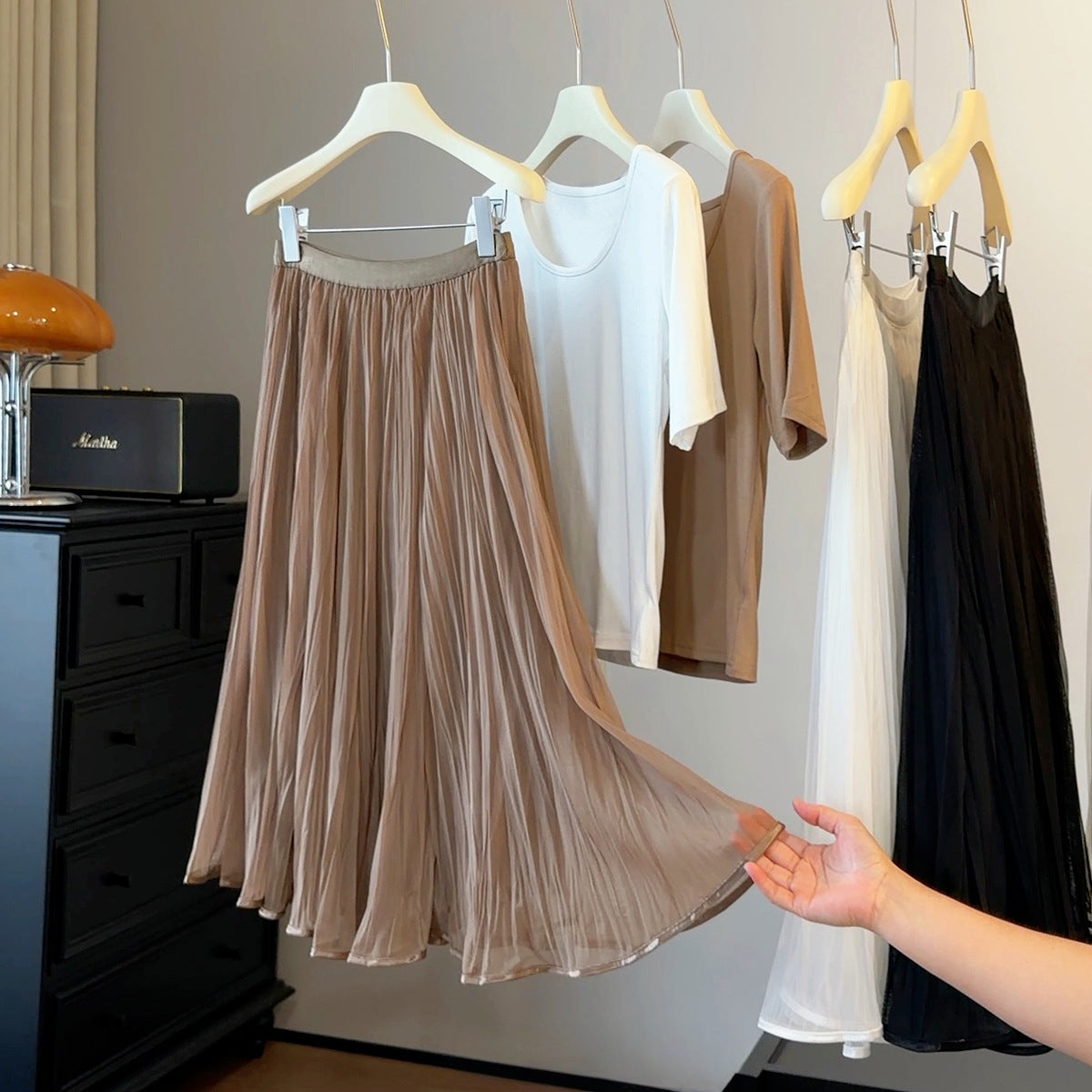 French Gentle Pleated Skirt Women Summer High Waist Drape Streamer A line Large Hem Midi Skirt