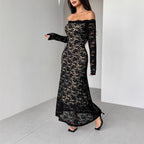 Autumn Winter Long Sleeve Lace off Neck Slim Slimming Maxi Dress Women Bella Mia