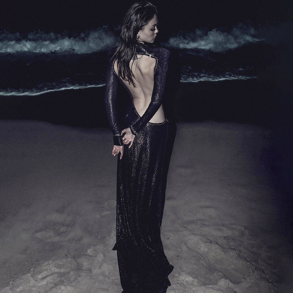 Summer Sexy Women Wear Black Long Sleeve Scorpion Backless Slit Silver Silk Dress Bella Mia