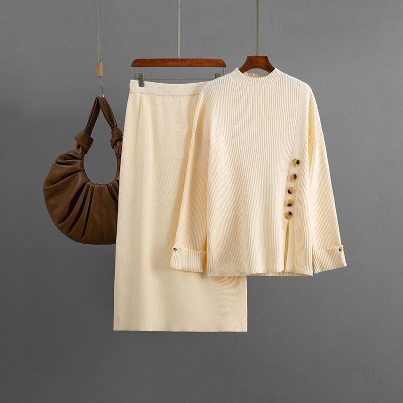 Women Autumn Winter Side Slit Fastener Decoration Sweater Skirt Two Piece Sets Bella Mia