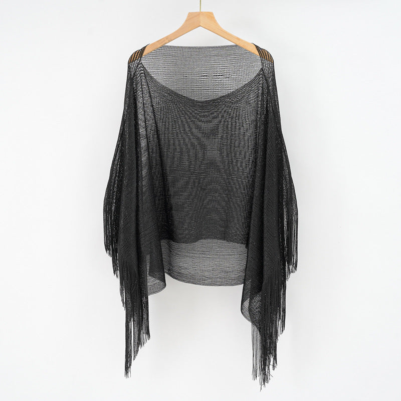 Summer Hollow Out Cutout Tassel Solid Color Blouse Shawl Tassel Scarf Bella Mia