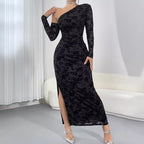 Flocking Oblique Shoulder Design Sheath Slim Fit Slimming Slit Elegant High End Dress Bella Mia