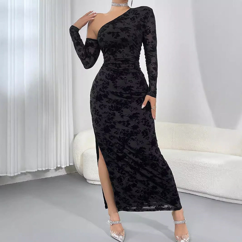 Flocking Oblique Shoulder Design Sheath Slim Fit Slimming Slit Elegant High End Dress Bella Mia