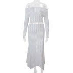 Women Clothing Fall Sexy off Shoulder Knitted Long Sleeved Top Low Waist Graceful Beach Skirt Two Piece Sets Bella Mia