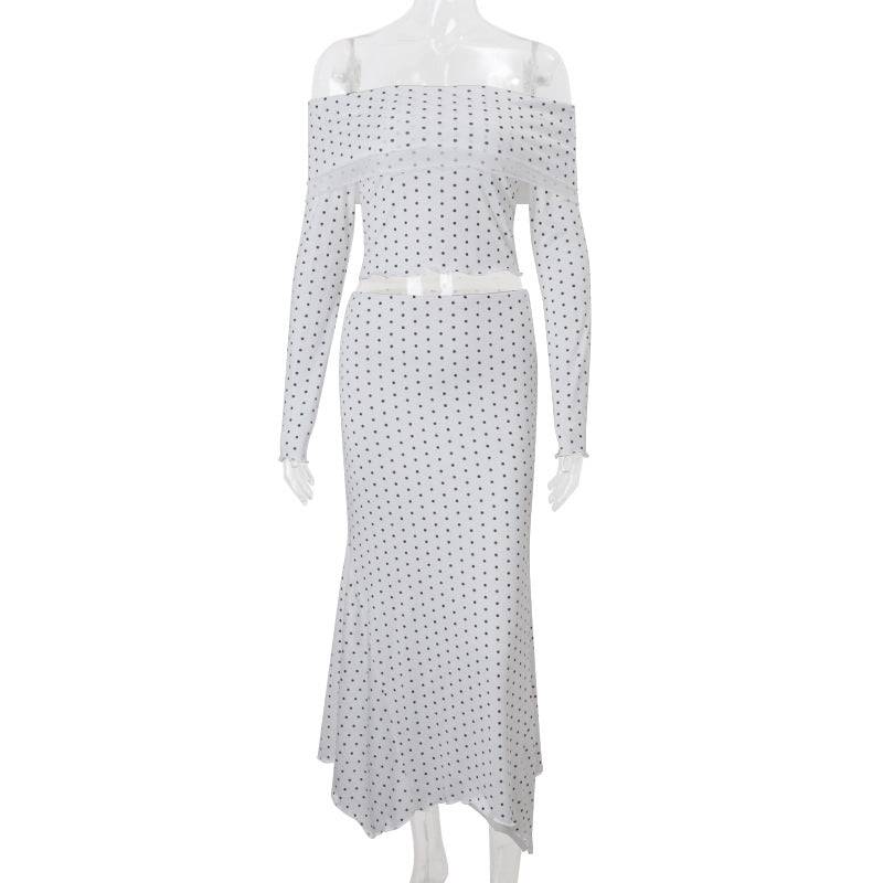 Women Clothing Fall Sexy off Shoulder Knitted Long Sleeved Top Low Waist Graceful Beach Skirt Two Piece Sets Bella Mia