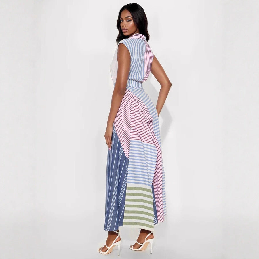 Women Clothes Cool Contrast Color Patchwork Stripes V neck Dress Irregular Asymmetric Cinched A line Dress Bella Mia