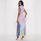 Women Clothes Cool Contrast Color Patchwork Stripes V neck Dress Irregular Asymmetric Cinched A line Dress Bella Mia