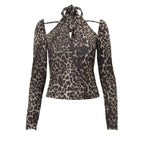 Women Clothing Autumn Sexy Vintage Leopard Print Halterneck Long Sleeved Sexy Top for Women Bella Mia