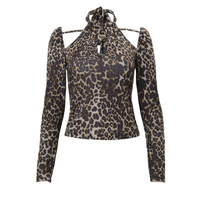 Women Clothing Autumn Sexy Vintage Leopard Print Halterneck Long Sleeved Sexy Top for Women Bella Mia