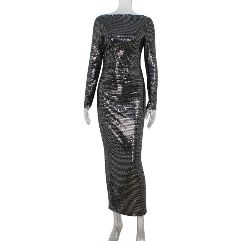 Women Sequin Design Slim Fit Graceful Tight Sexy Long Sleeve Narrow Dress Women Bella Mia