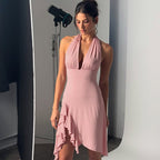 Women Clothing Summer Sexy Deep V Plunge Backless Waist Trimming Sheath Sleeveless Dress Women Bella Mia