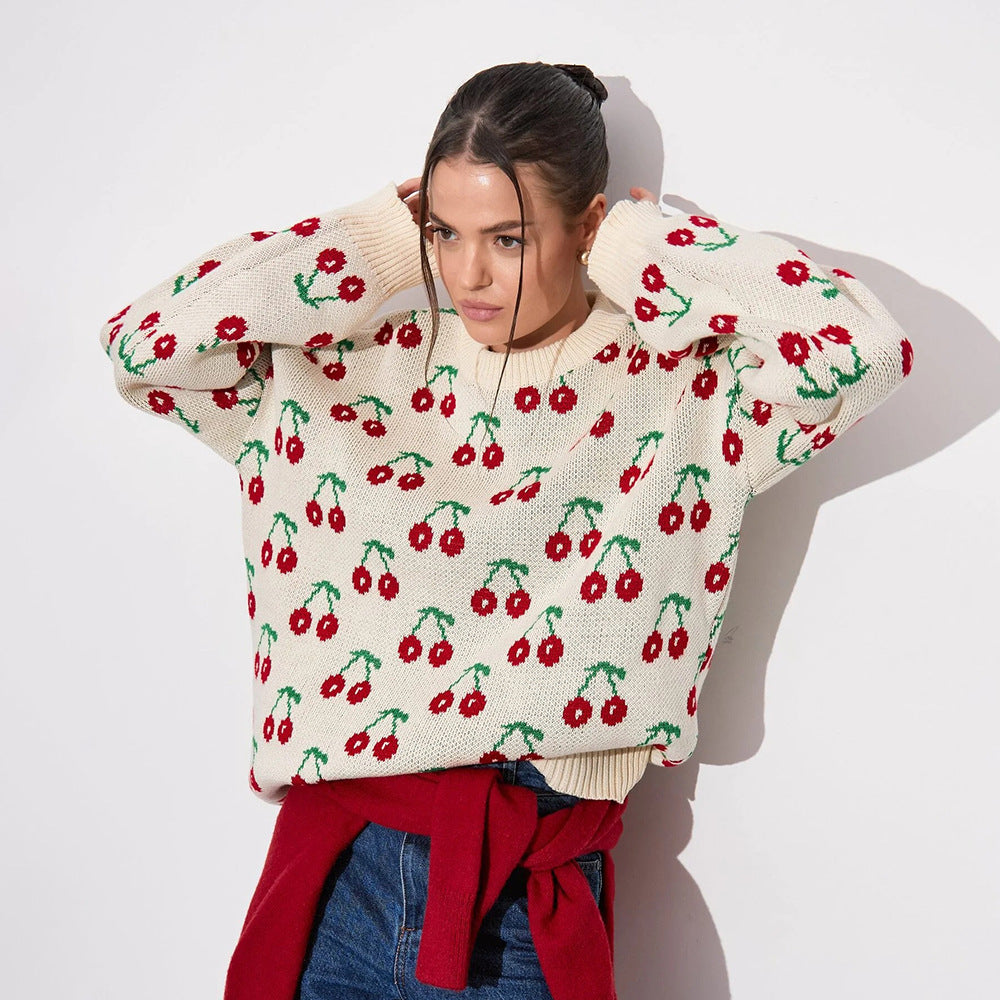 Cherry Printed Sweater Idle Loose Knitted Pullover Autumn Winter Sweet Cherry Sweater Bella Mia