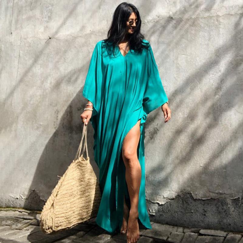 Rayon Loose Robe Beach Cover Up Sexy V Neck Headband Belt Sun Protection Dress Women Bella Mia