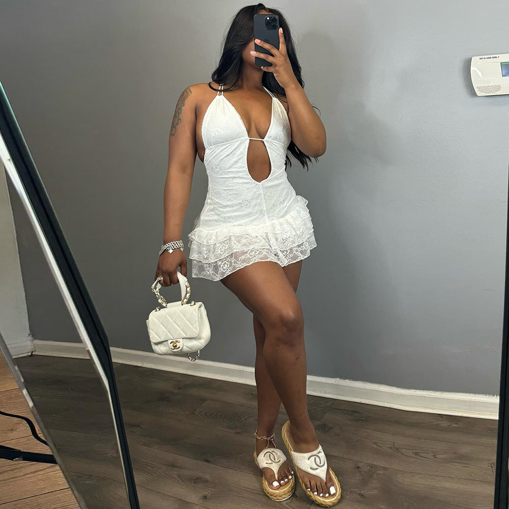 Sexy Women Clothing Dress Autumn Lace up Lace Cake Type Backless Sexy Bella Mia
