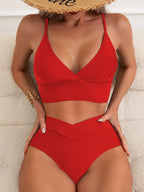 Bikini Solid Color Deep V Plunge Neck Backless Sexy Bikini Split Swimsuit Swimwear Bella Mia