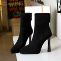 Chunky Heel High Heel Waterproof Platform Boots Women Pointed Toe Suede Stretch Single Boots Skinny Boots Nice Looking Short Boots