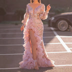 Fall Women Clothing Sexy Mesh Trailing Sequined Split Pink Evening Dress Bella Mia