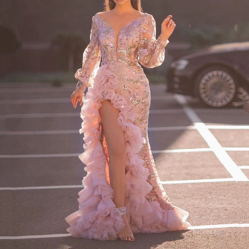 Fall Women Clothing Sexy Mesh Trailing Sequined Split Pink Evening Dress Bella Mia