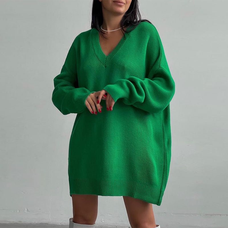 Autumn Winter Long Sleeve V Neck Casual Loose Knitted Pullover Long Sweater Dress Knitwear For Women Bella Mia