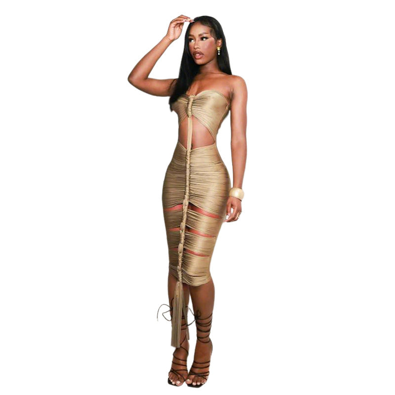 Autumn Winter Women Sexy Cutout Slim Fit Backless Pleated Bright Tube Top Dress Bella Mia