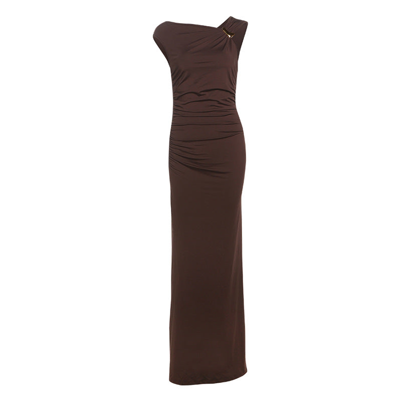 Spring Summer Women Sexy Diagonal Collar High Waist Figure Flattering Sheath Solid Color Dress Bella Mia