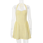 Women Clothing Summer Sexy Square Collar Elegant Backless Solid Color Halter Waist Dress Bella Mia