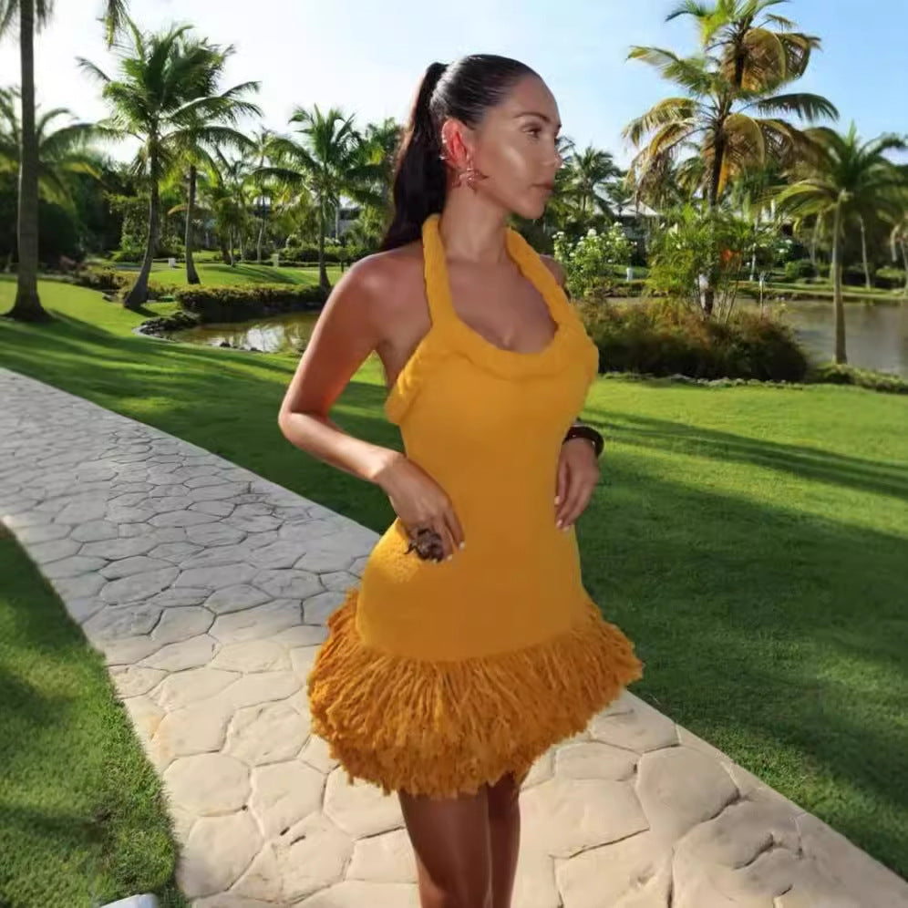 Autumn Winter Hand Woven Twine Rope Shoulder Strap Tassel Dress Swing Short Dress Bella Mia