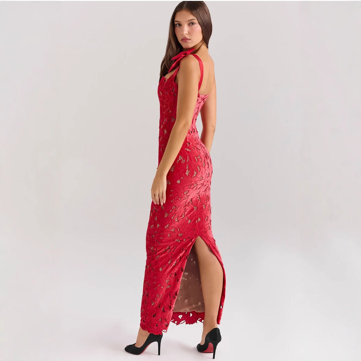 Spring Summer Entry Lux Bow High Sense Embroidered Hollow Out Cutout Sheath Dress Bella Mia