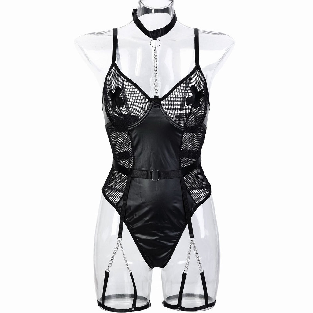 Motorcycle Faux Leather Paint Leather Stitching Mesh Hollow Out Cutout Perspective Cross Stickers Heavy Metal Chain Sexy Jumpsuit Bella Mia