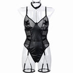Motorcycle Faux Leather Paint Leather Stitching Mesh Hollow Out Cutout Perspective Cross Stickers Heavy Metal Chain Sexy Jumpsuit Bella Mia