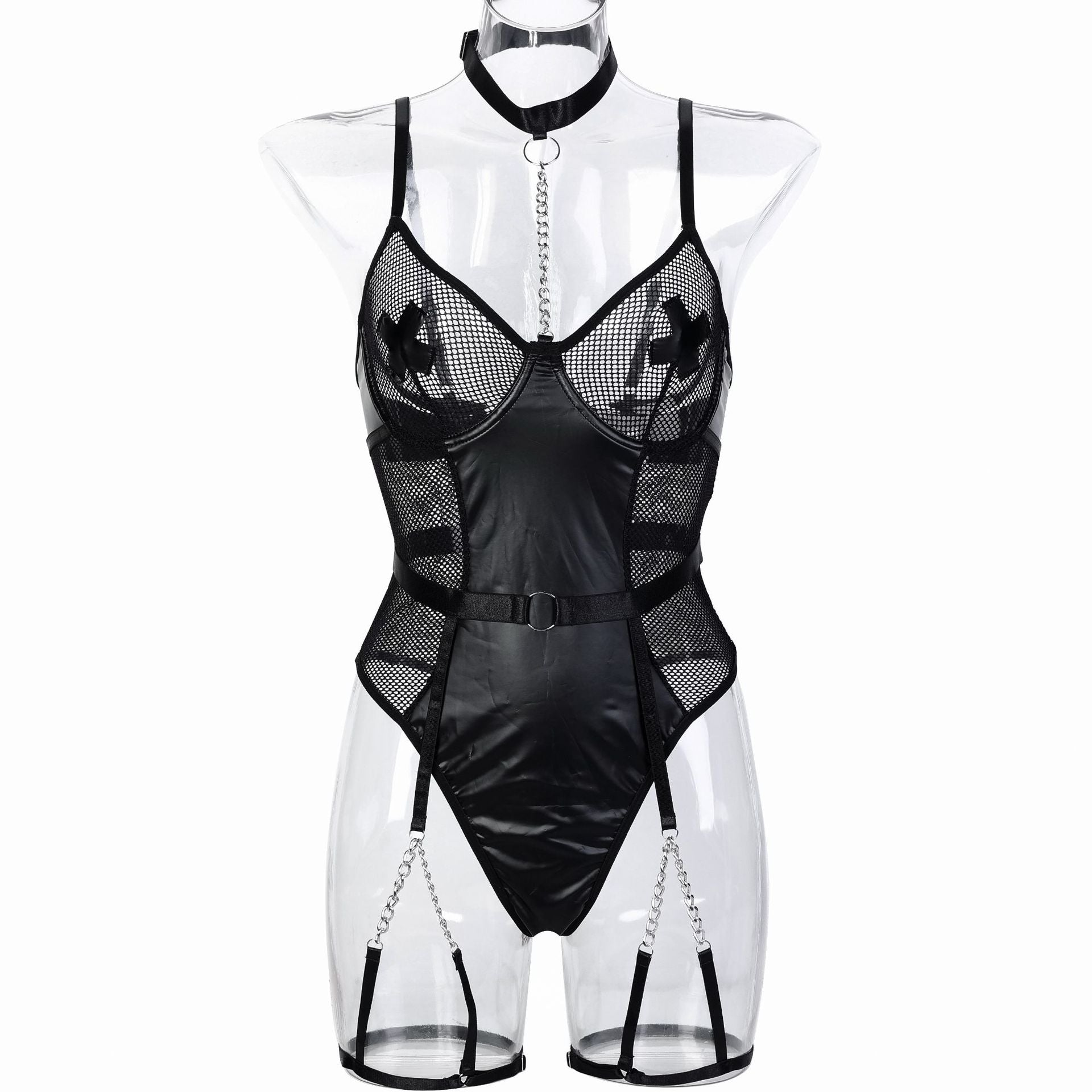 Motorcycle Faux Leather Paint Leather Stitching Mesh Hollow Out Cutout Perspective Cross Stickers Heavy Metal Chain Sexy Jumpsuit Bella Mia