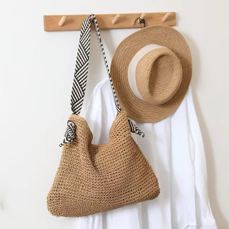Bag Striped Wide Ribbon Shoulder Straw Bag Woven Bag Vacation Beach Bag Bella Mia