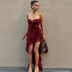Women Clothing Summer Lace Sexy Slim Fit Tied Hollow Out Cutout out See through Irregular Asymmetric Tube Top Dress Bella Mia