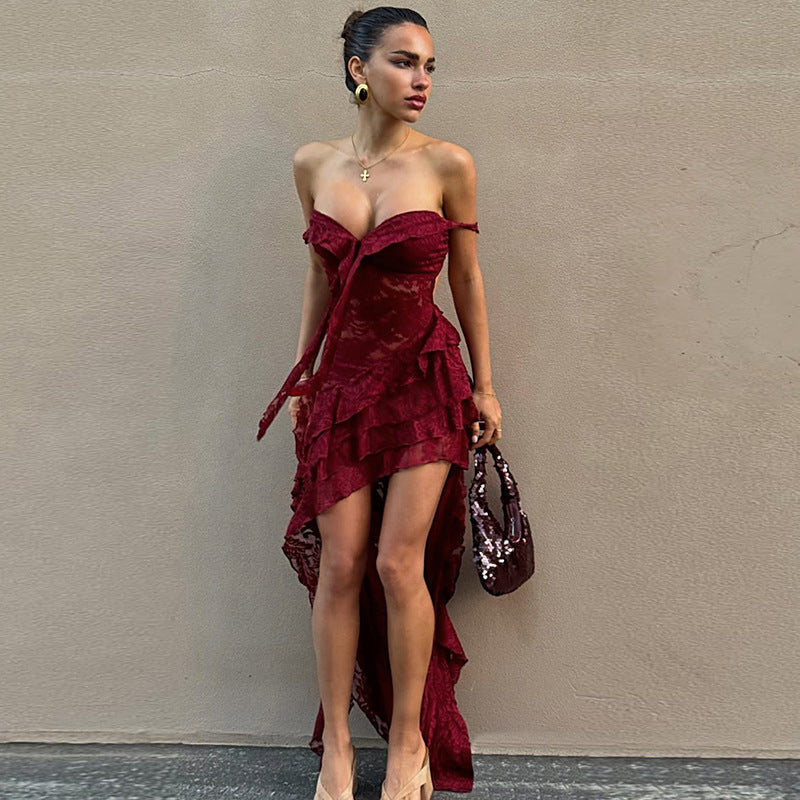 Women Clothing Summer Lace Sexy Slim Fit Tied Hollow Out Cutout out See through Irregular Asymmetric Tube Top Dress Bella Mia
