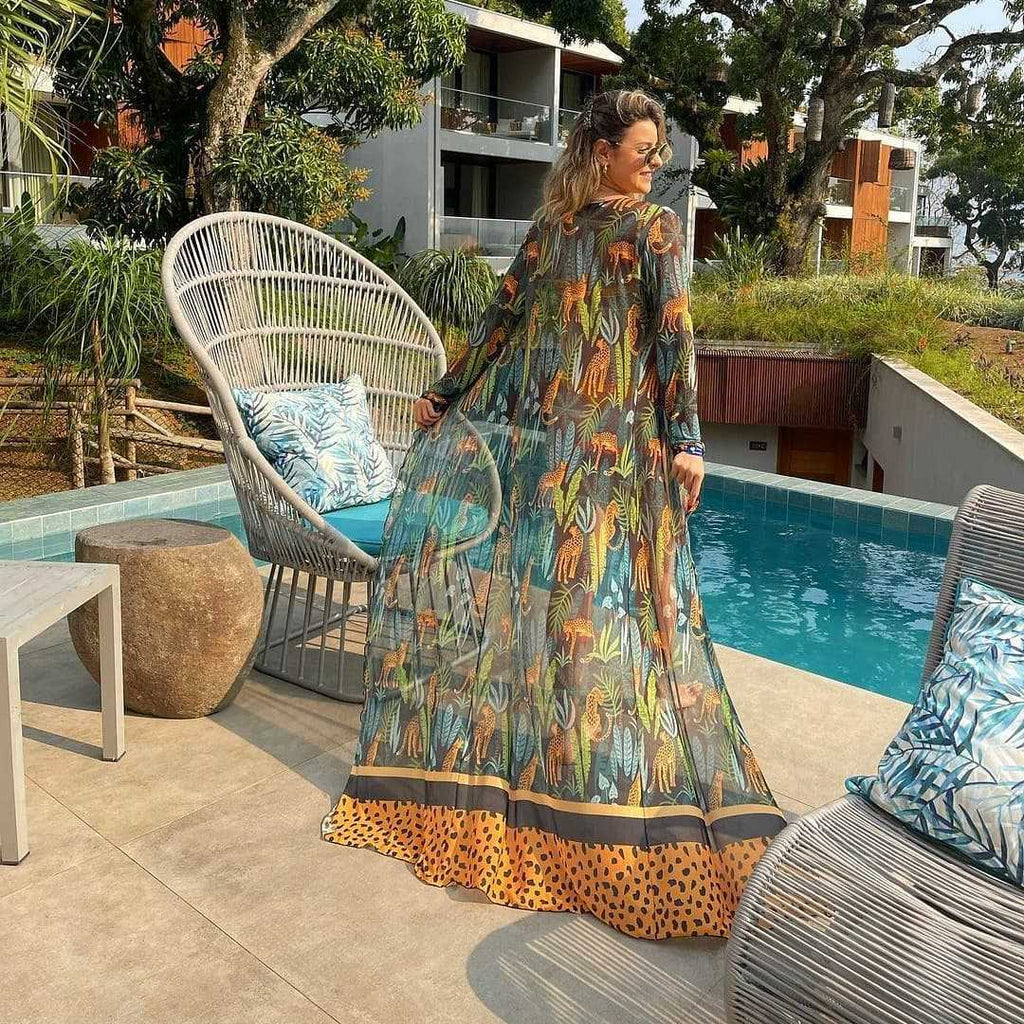Stretch Mesh Long Sleeve Beach Cover Up Leopard Print Veils Beach Swimsuit Cardigan Long Bella Mia