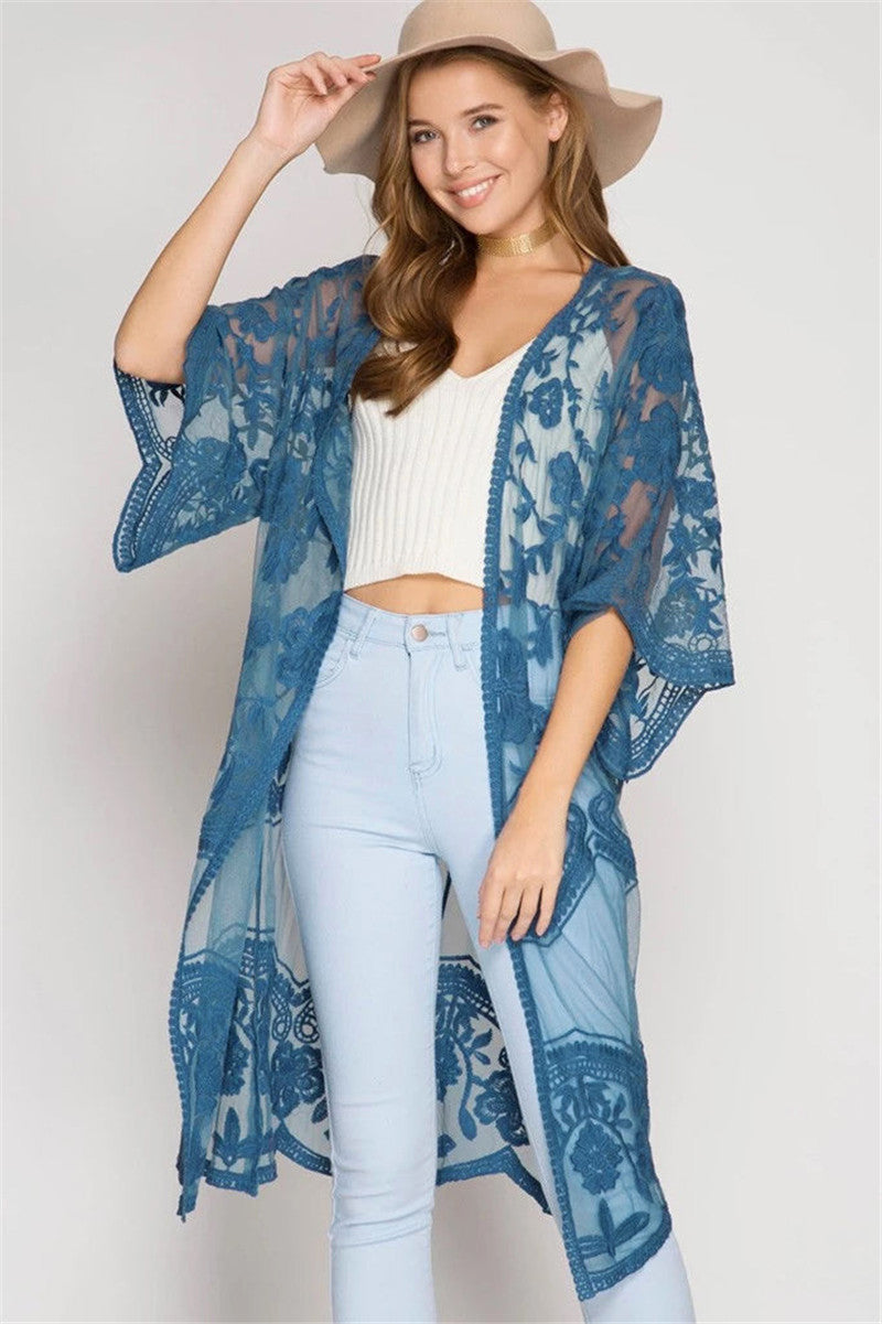 Lace Mesh Embroidered Beach Cover up Sexy Cardigan Sunscreen Beach Bella Mia
