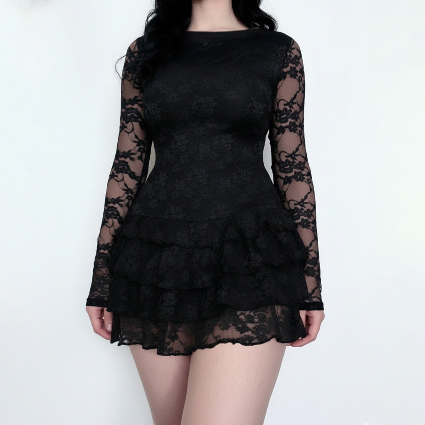 Women Dark Sexy Tight Long Sleeve See through Lace Tiered Dress round Neck Waist Trimming A line Dress Bella Mia