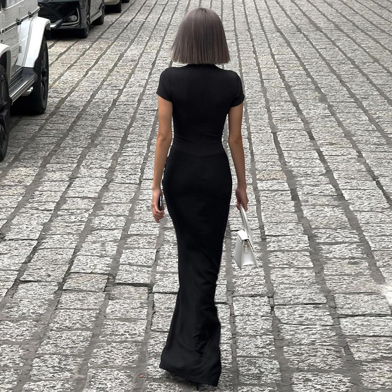 Winter Women Clothing Sexy Deep V Plunge Short Sleeve Solid Color Sexy Pleated Maxi Dress Bella Mia