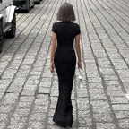 Winter Women Clothing Sexy Deep V Plunge Short Sleeve Solid Color Sexy Pleated Maxi Dress Bella Mia