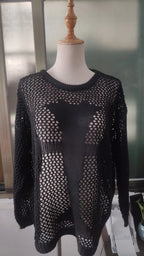 Round Neck Hollow Out Cutout Long Sleeved Criss Cross Blouse Summer See through Sexy Top Beach Sweaters Bella Mia