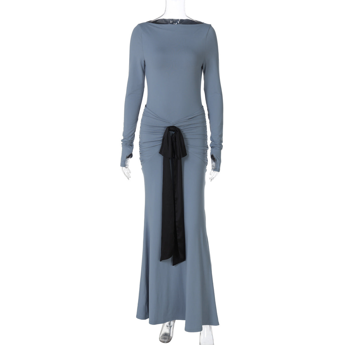 Women Clothing Summer Solid Color Pleated Waist Controlled Lace up Long Sleeve Dress Women Bella Mia