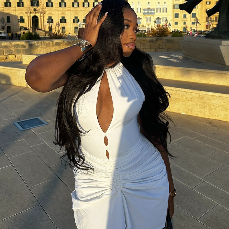 Women Clothing Pleated Sexy Cutout Hip Slim Fit Turtleneck Sleeveless Solid Color Length Dress Bella Mia