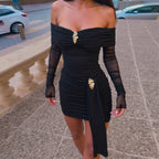 Fall Women Clothing Sexy Sexy Sheath Semi See through off Shoulder Backless Metal Decorative Dress Women Bella Mia