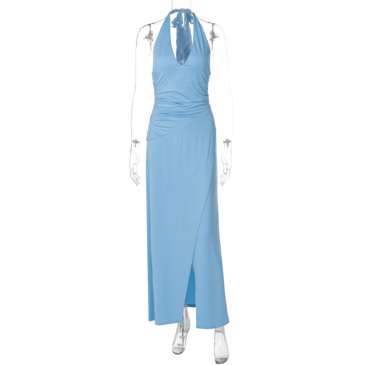 Women Clothing Sexy V neck Solid Color Sleeveless Halter Lace-up Backless Pleated Waist Tight Slimming Slit Dress Bella Mia