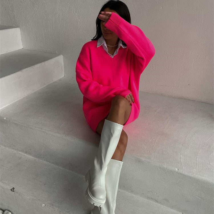 Autumn Winter Long Sleeve V Neck Casual Loose Knitted Pullover Long Sweater Dress Knitwear For Women Bella Mia