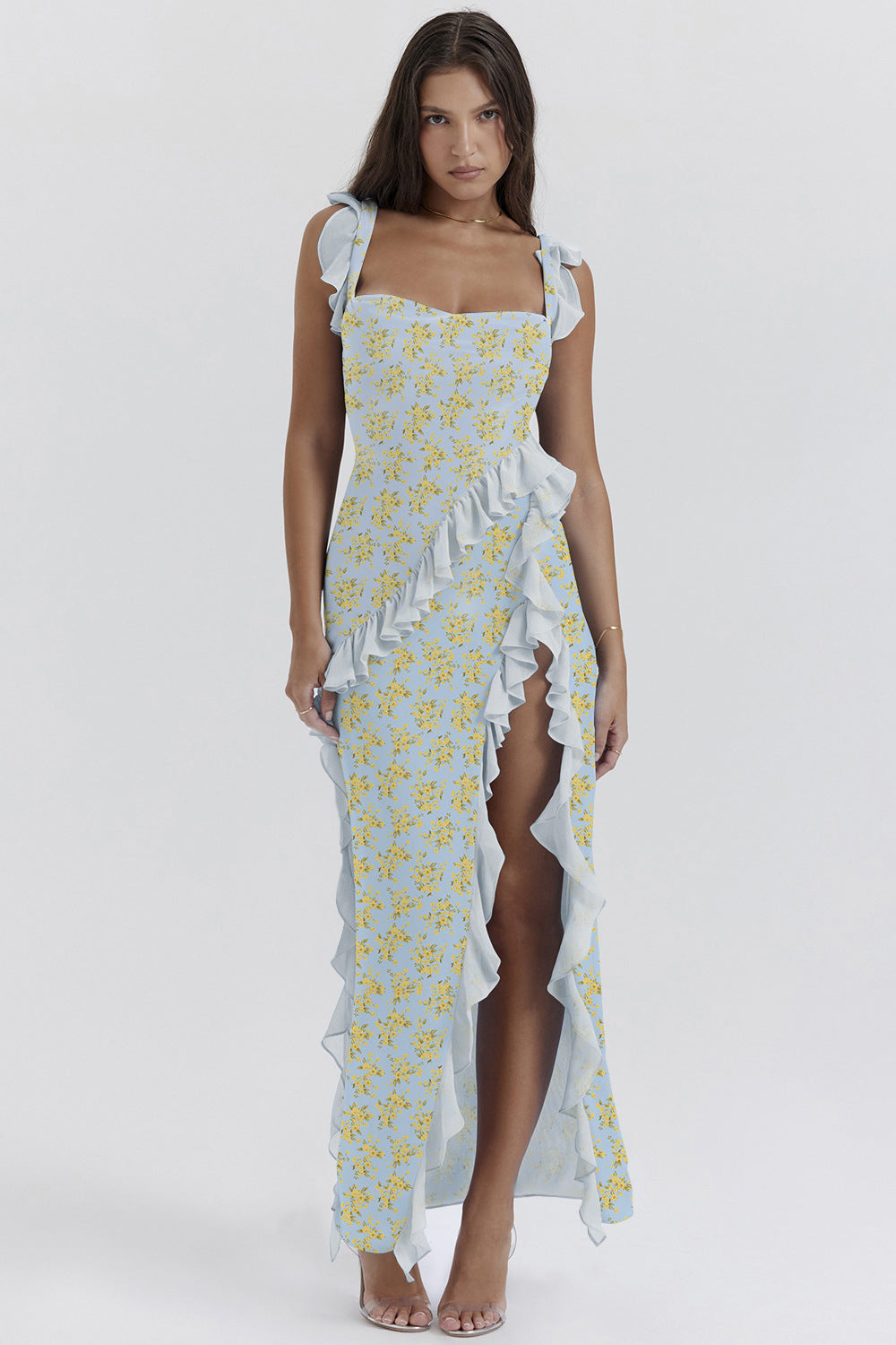 Summer French Strap Wooden Ear Sexy Split Printing Dress Bella Mia