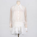 Dress Women Summer Polo Collar Solid Color Mesh Pleated Slim Design Long Sleeve Short Dress
