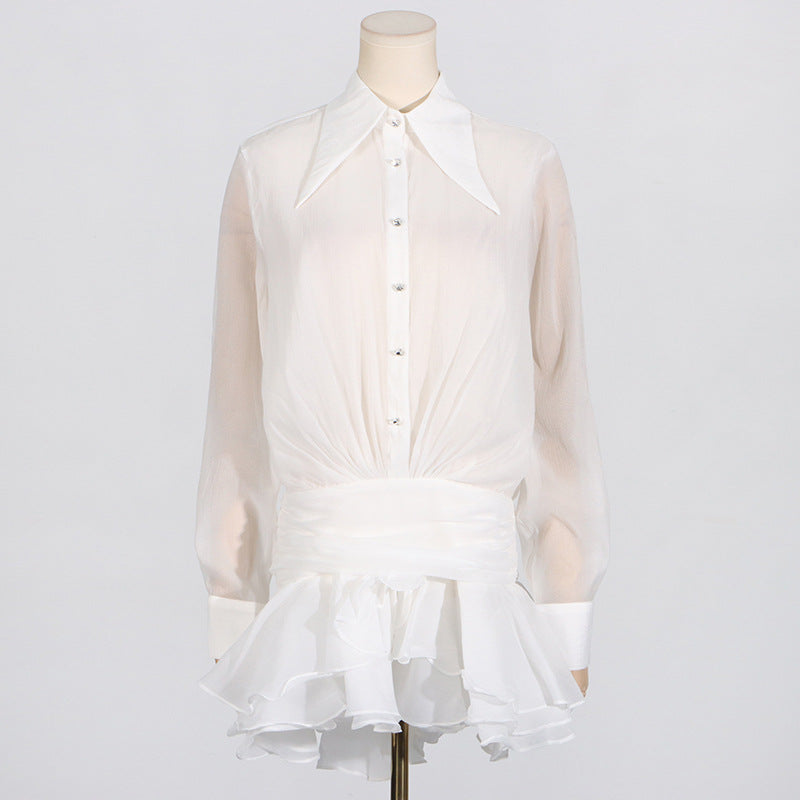 Dress Women Summer Polo Collar Solid Color Mesh Pleated Slim Design Long Sleeve Short Dress